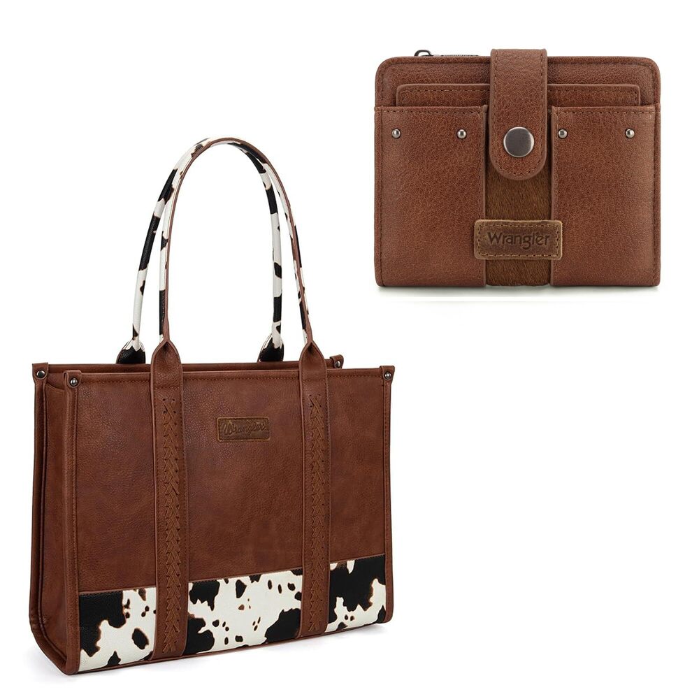 4293 Wrangler Cow Print Tote Bag and Cowhide Wallet Set